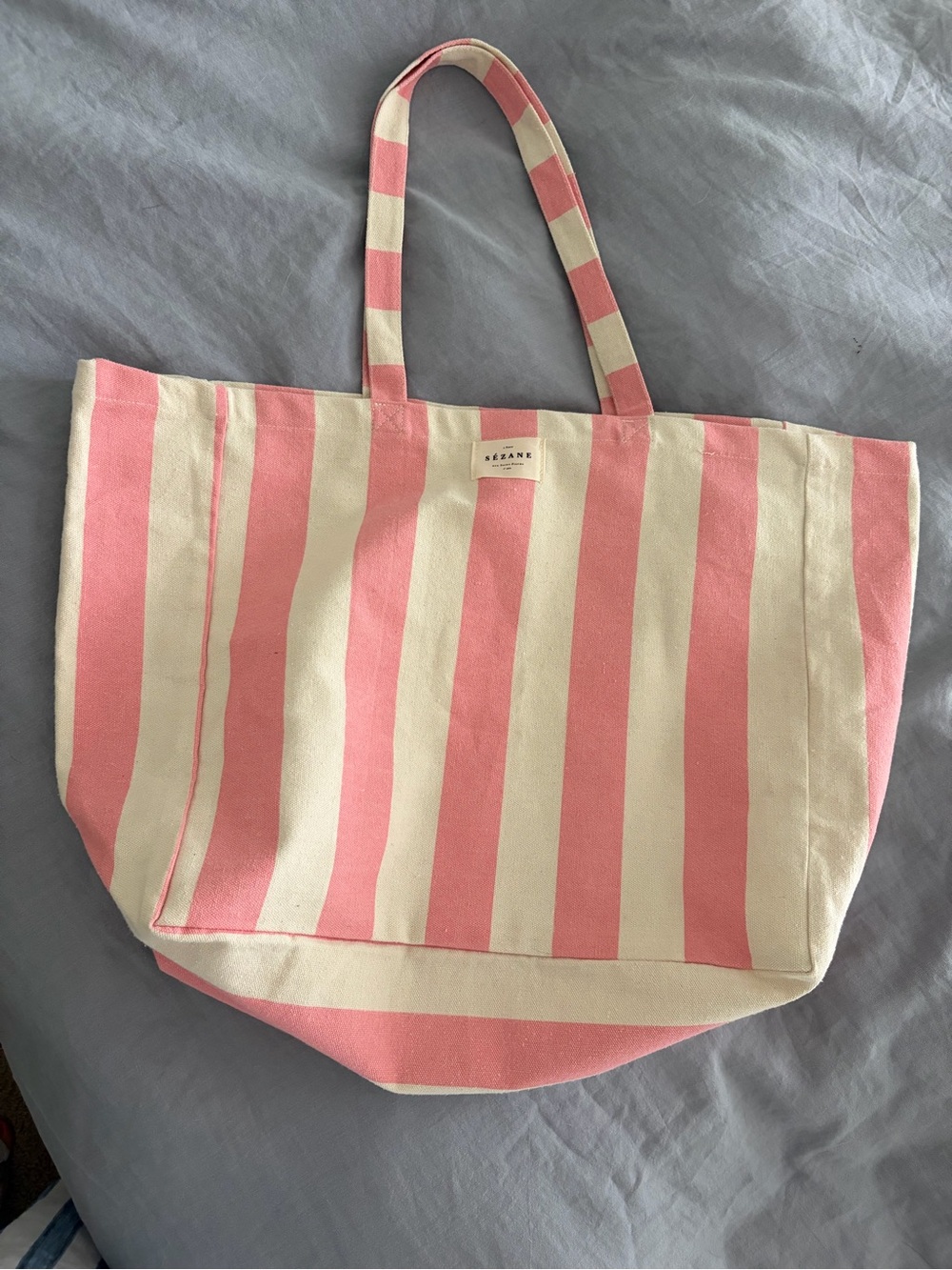 Sezane Pink and Cream Striped Canvas Tote